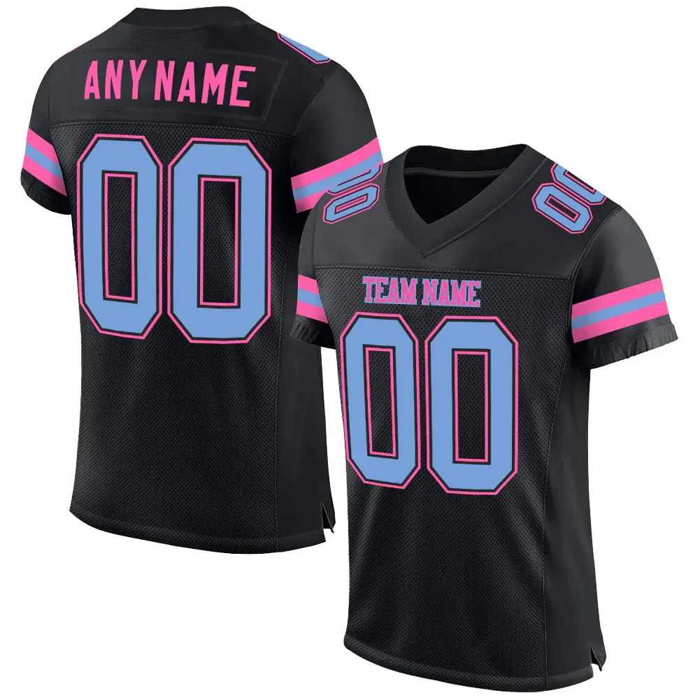 Custom Black Mesh Football Jersey with Light Blue-Pink