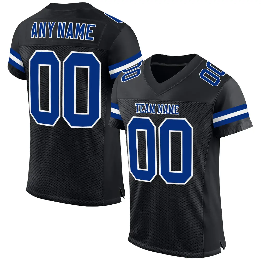 Custom Black Mesh Football Jersey with Royal-White