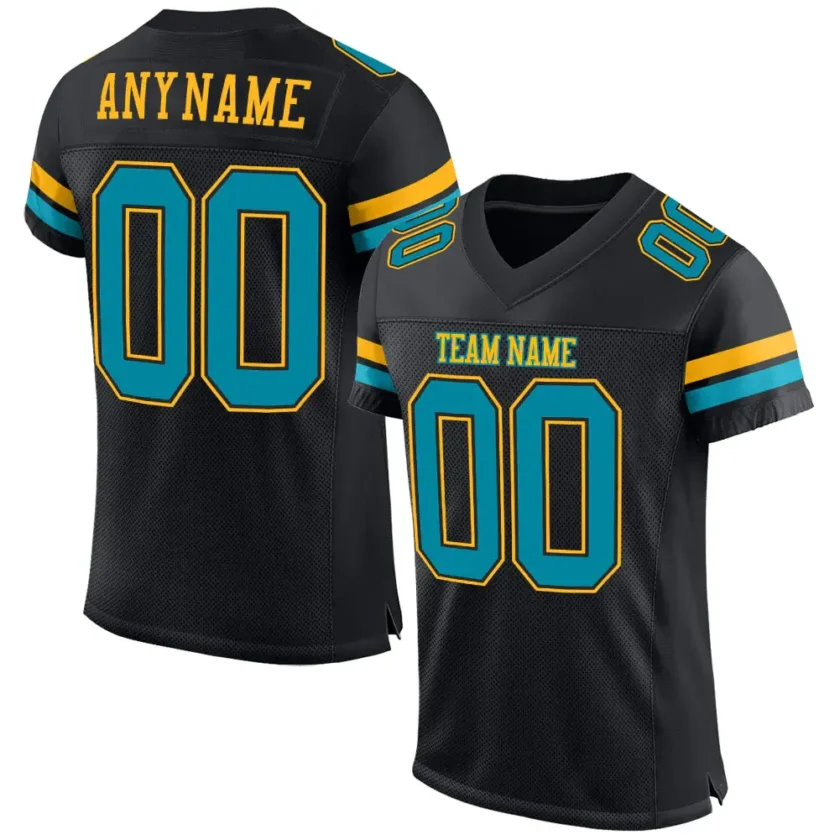 Custom Black Mesh Football Jersey with Teal Gold