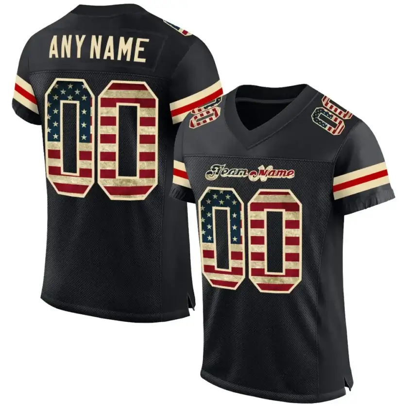Custom Black Mesh Football Jersey with USA Flag Cream