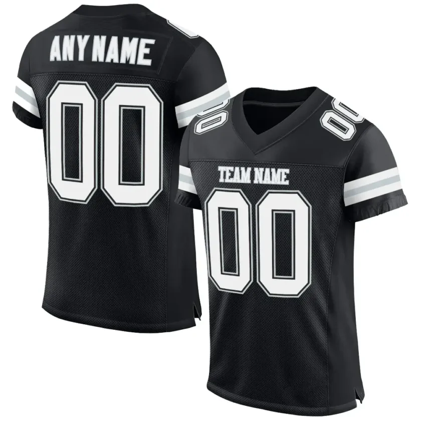 Custom Black Mesh Football Jersey with White Silver