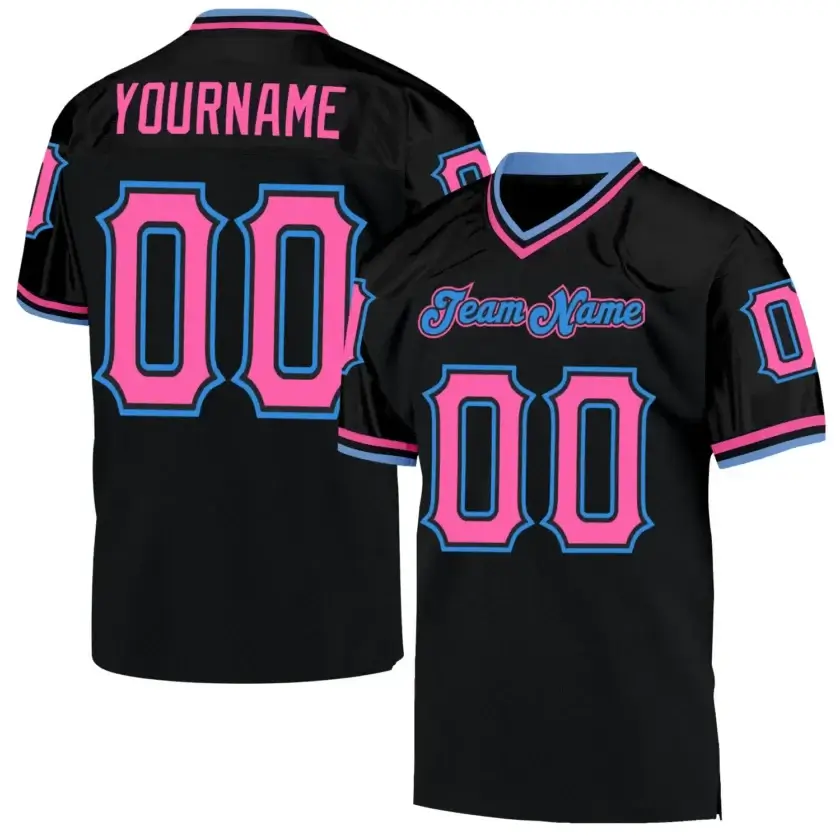 Custom Black Mesh Throwback Football Jersey with Pink-Powder Blue