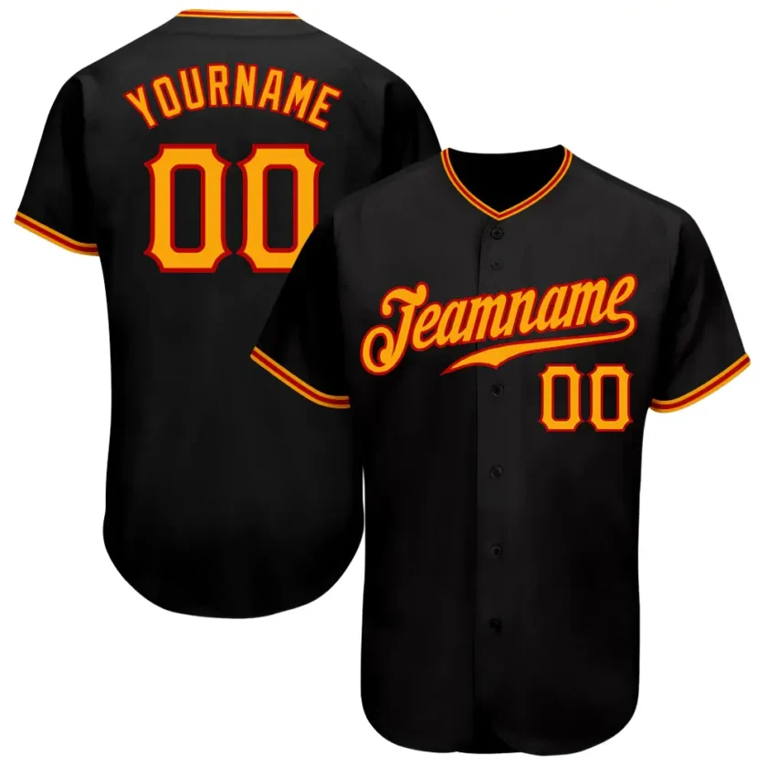 Custom Black Baseball Jersey with Gold Red 3