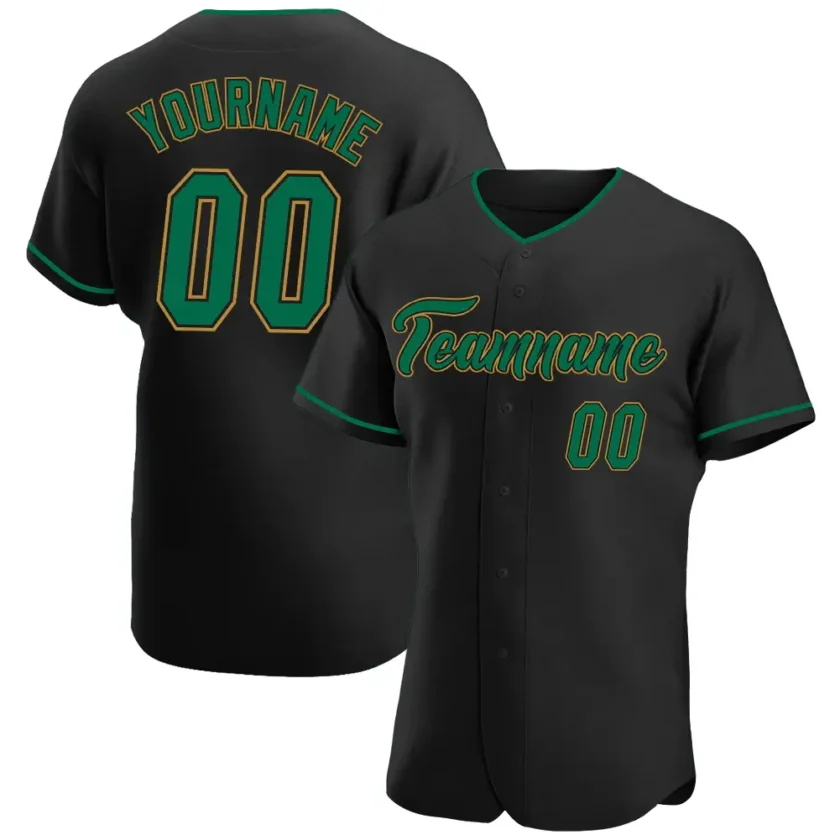 Custom Black Baseball Jersey with Kelly Green Old Gold