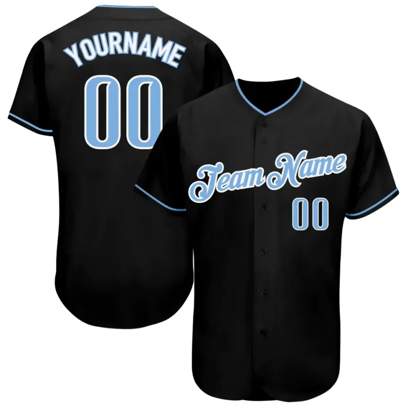 Custom Black Baseball Jersey with Light Blue White