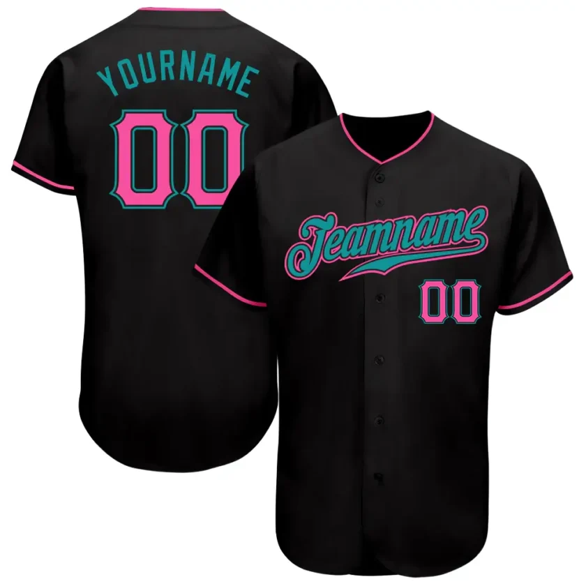Custom Black Baseball Jersey with Pink Teal