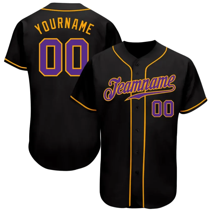 Custom Black Baseball Jersey with Purple Gold 3