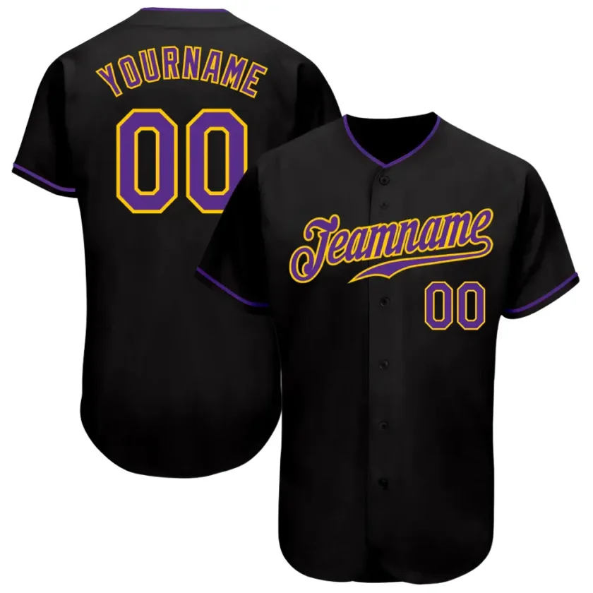 Custom Black Baseball Jersey with Purple Gold 4