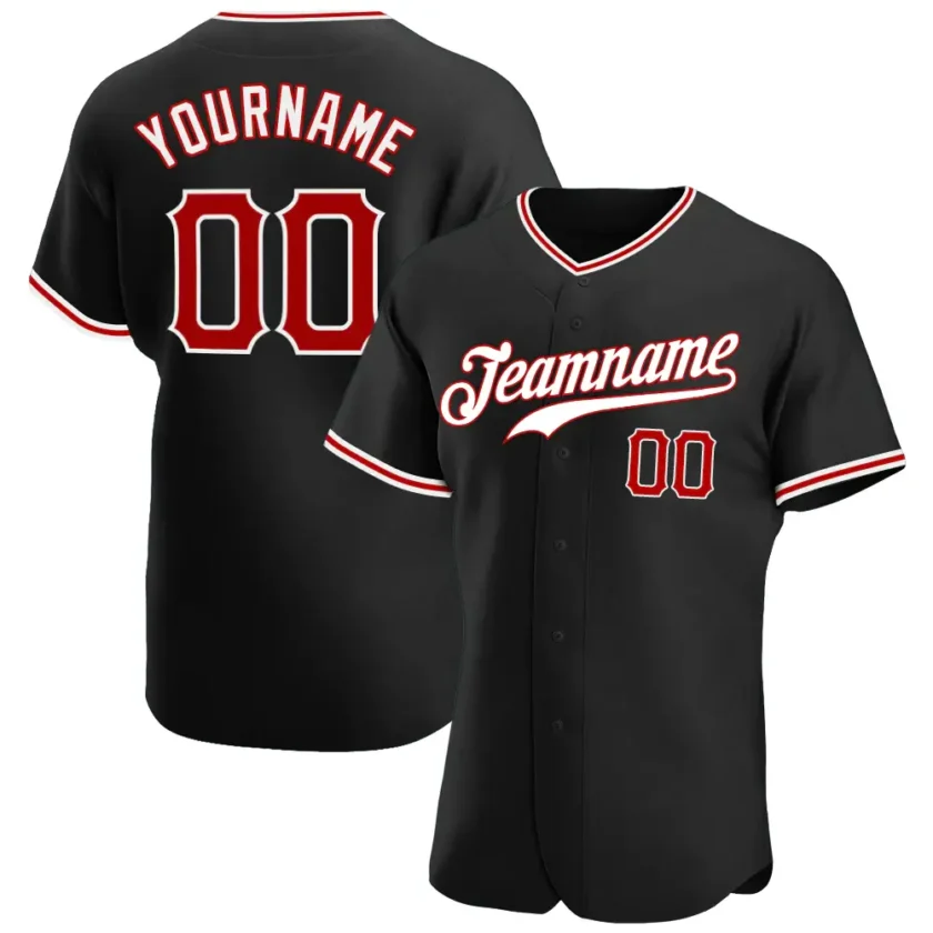Custom Black Baseball Jersey with Red White 3