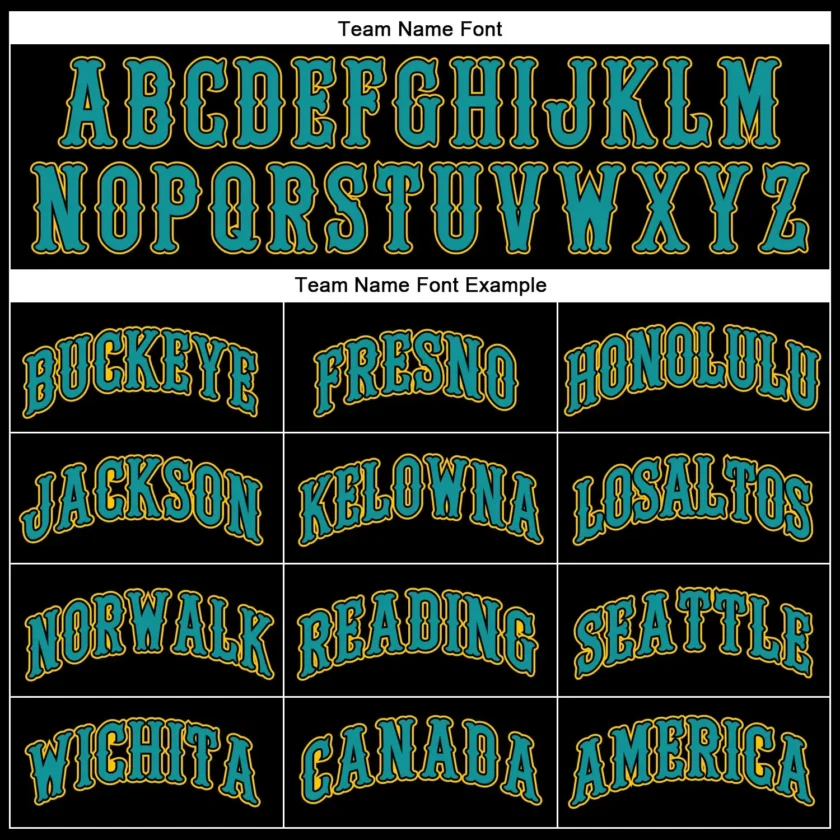 Custom Black Baseball Jersey with Teal Gold 1