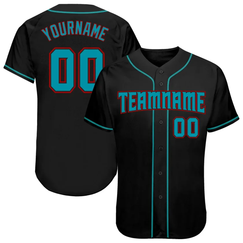Custom Black Baseball Jersey with Teal Red