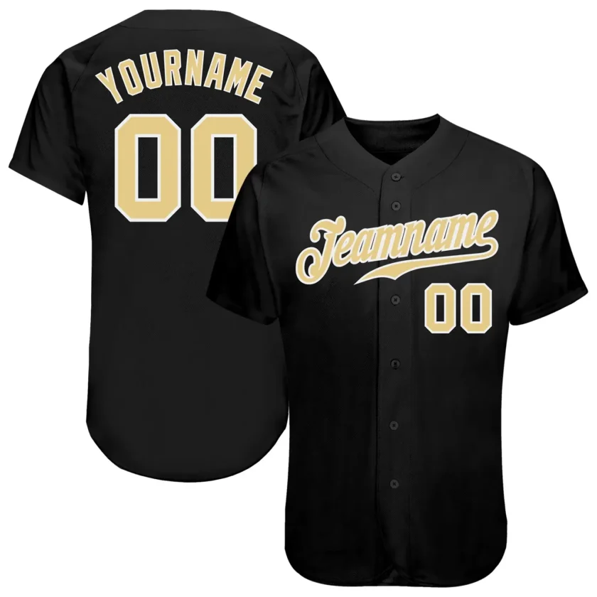 Custom Black Baseball Jersey with Vegas Gold White