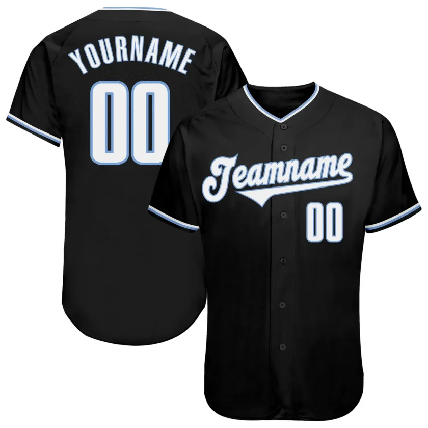 Custom Black Baseball Jersey with White Light Blue