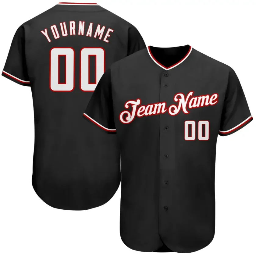 Custom Black Baseball Jersey with White Red 3