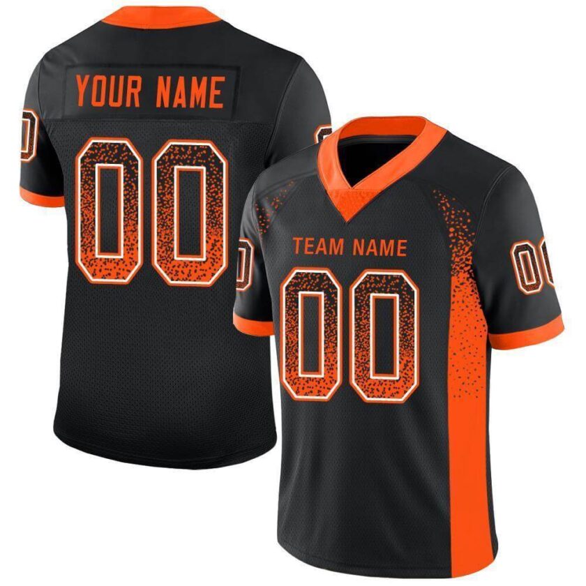Custom Black Mesh Drift Fashion Football Jersey with Orange