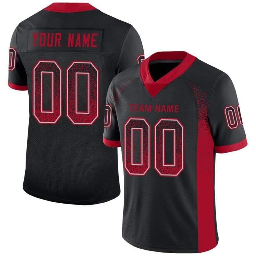 Custom Black Mesh Drift Fashion Football Jersey with Red