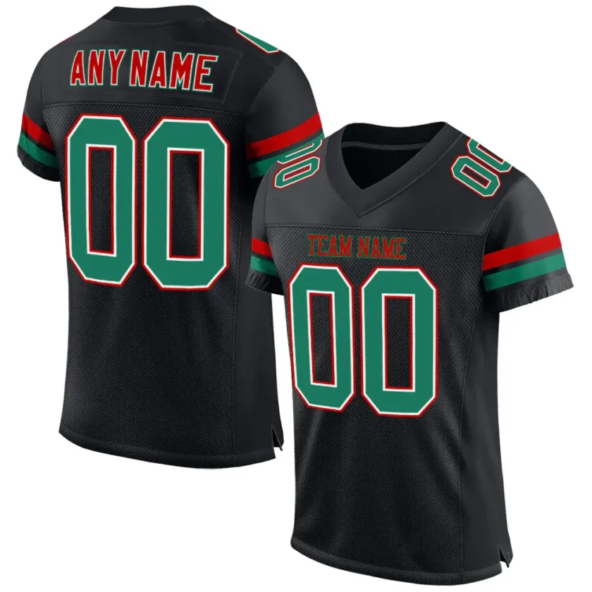 Custom Black Mesh Football Jersey with Kelly Green Red