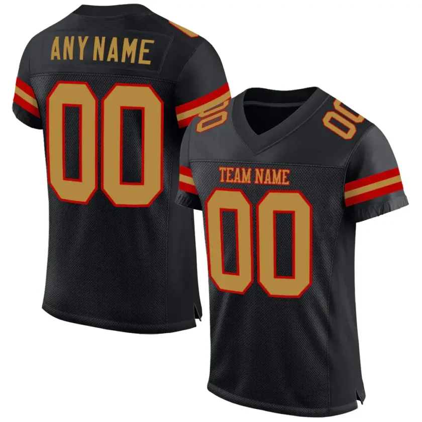 Custom Black Mesh Football Jersey with Old Gold Red