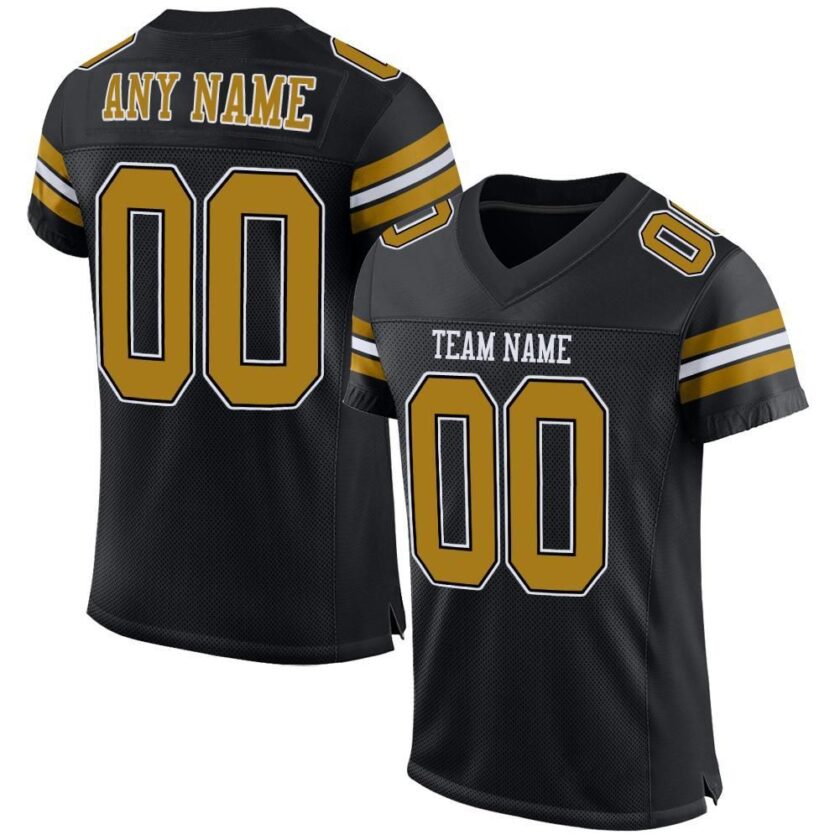 Custom Black Mesh Football Jersey with Old Gold White