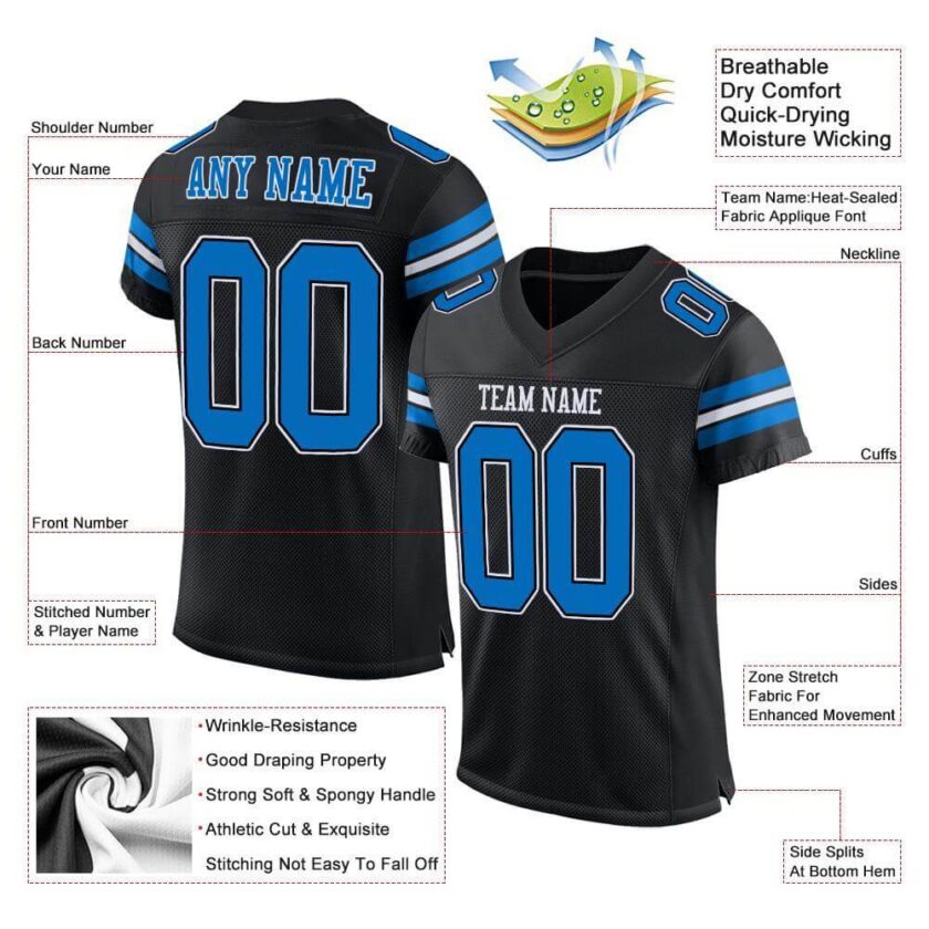 Custom Black Mesh Football Jersey with Panther Blue White 2