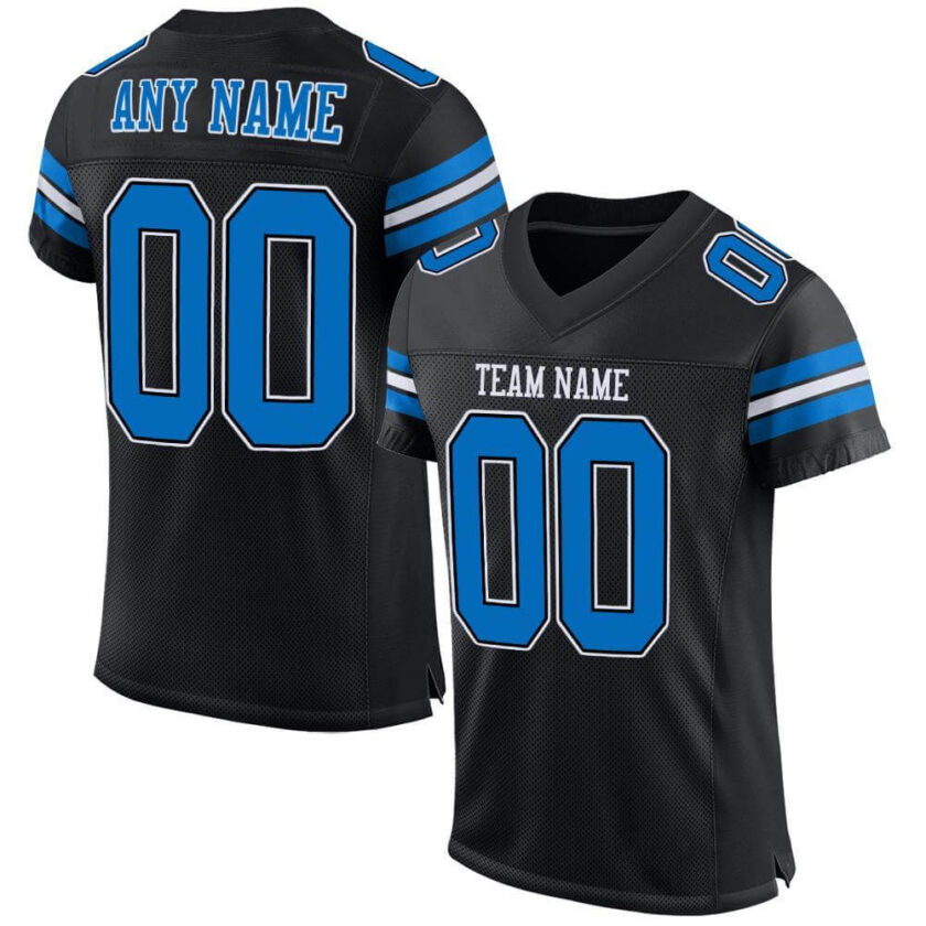 Custom Black Mesh Football Jersey with Panther Blue White