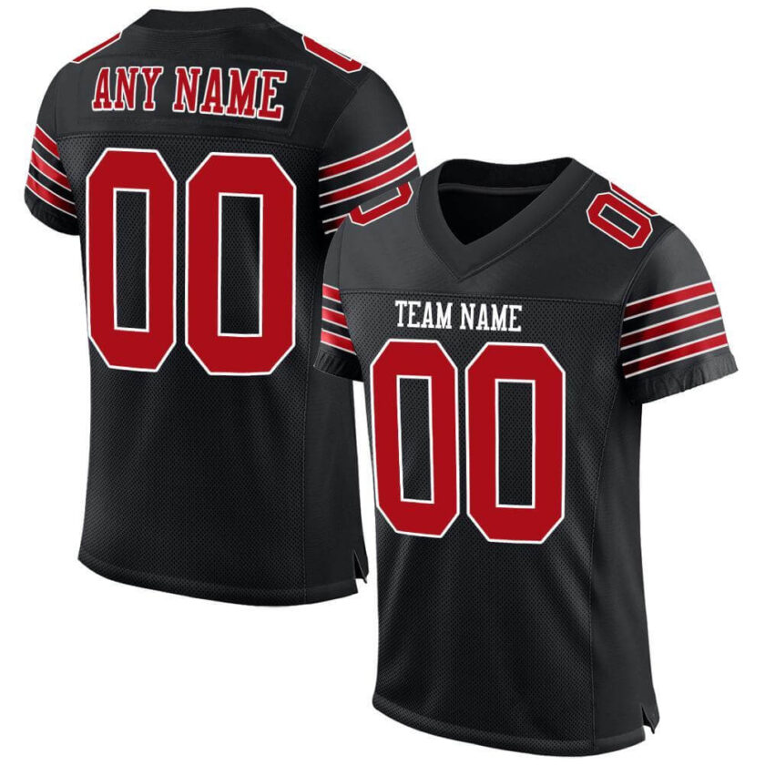 Custom Black Mesh Football Jersey with Red 3 Stripes