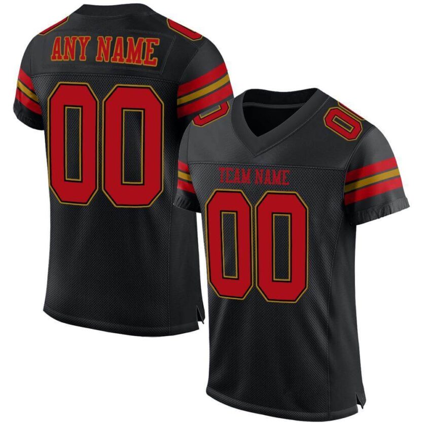 Custom Black Mesh Football Jersey with Red Old Gold