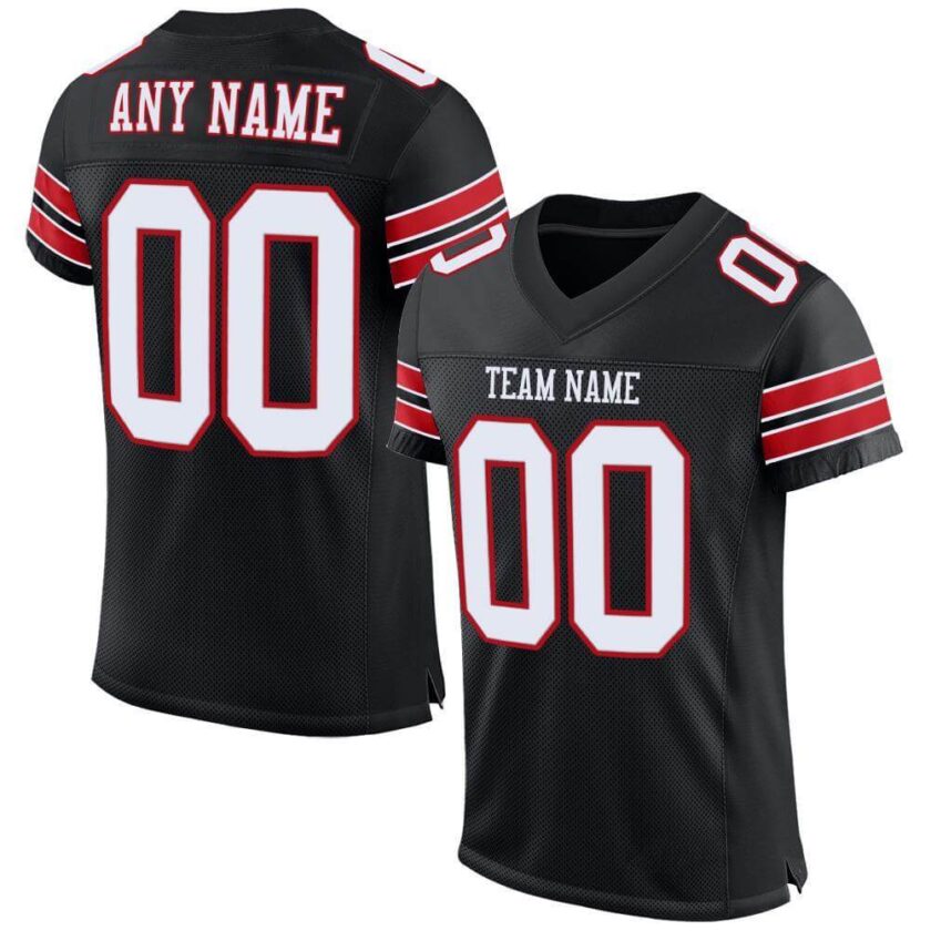 Custom Black Mesh Football Jersey with White Red 1