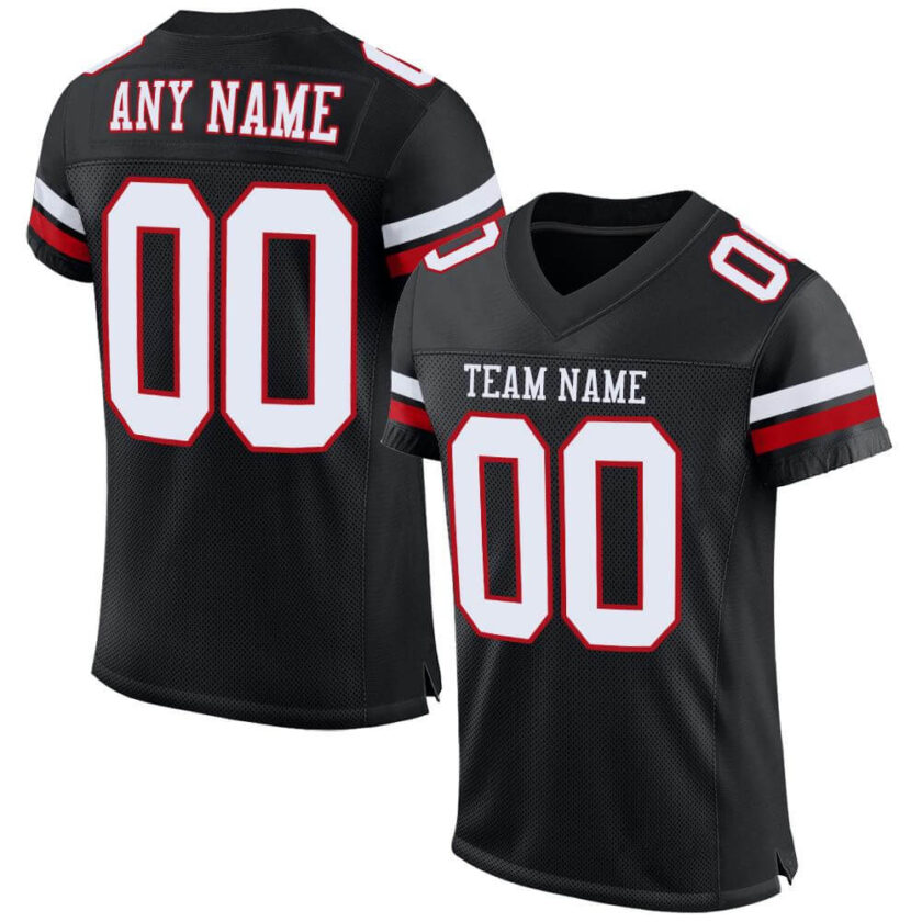 Custom Black Mesh Football Jersey with White Red