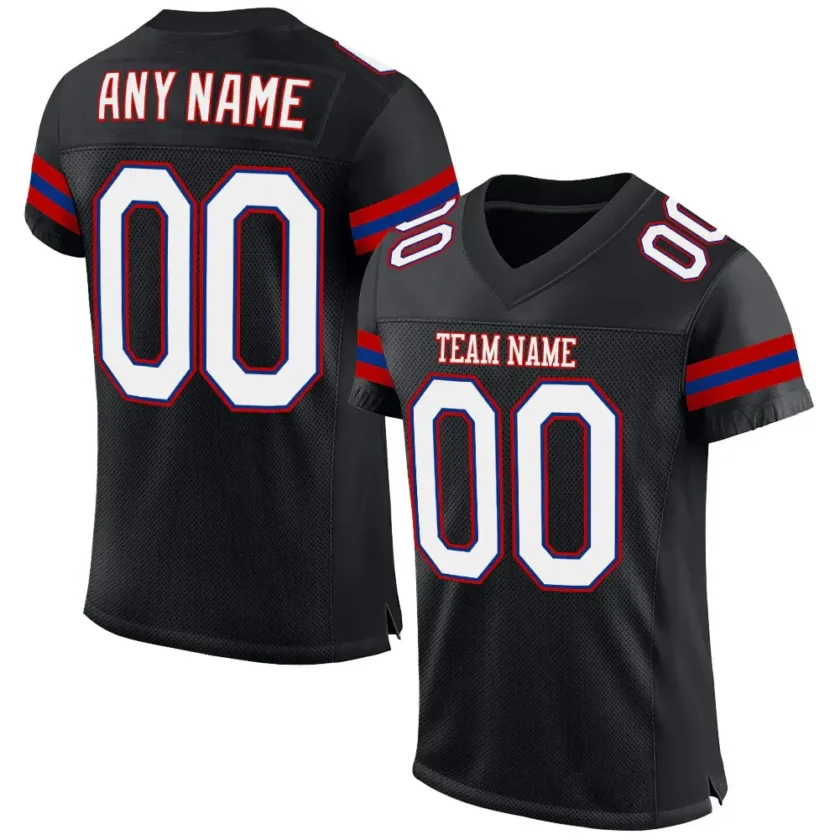 Custom Black Mesh Football Jersey with White Red Blue