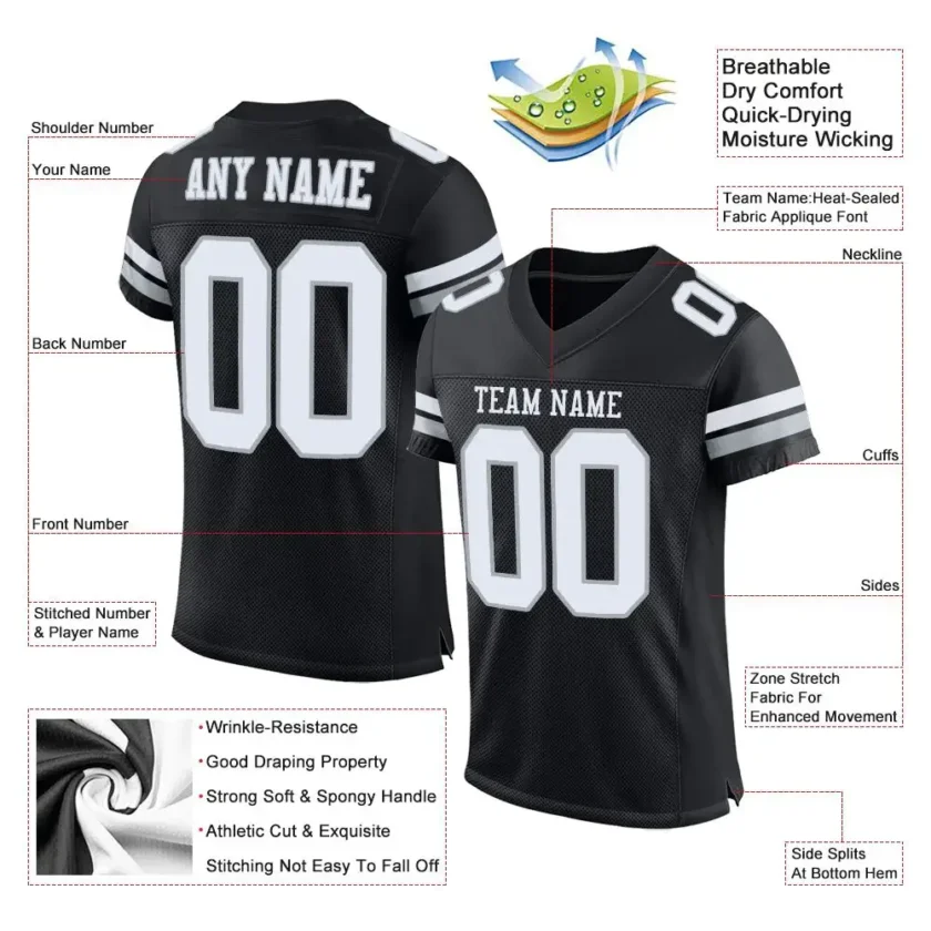 Custom Black Mesh Football Jersey with White Silver Stripes 1