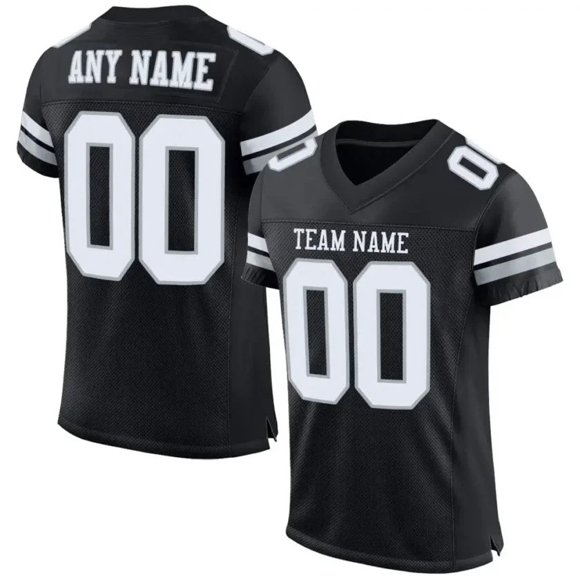 Custom Black Mesh Football Jersey with White Silver Stripes