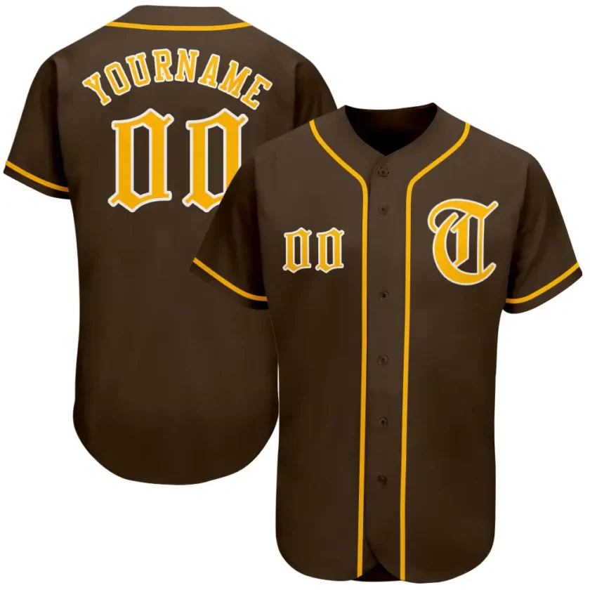 Custom Brown Baseball Jersey with Gold White 3