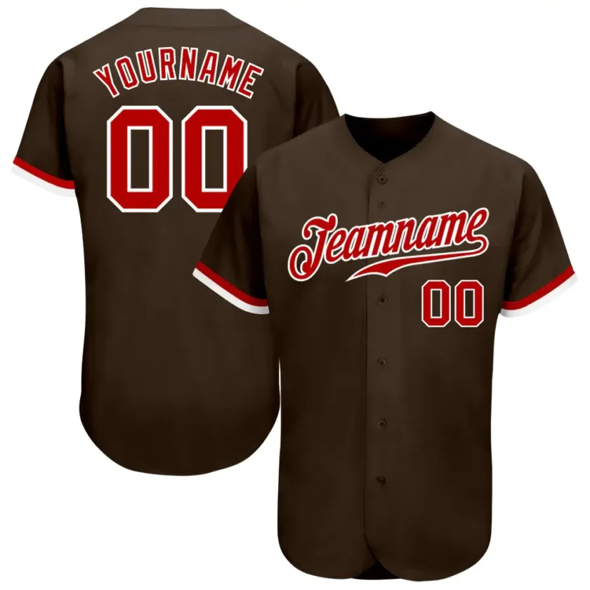 Custom Brown Baseball Jersey with Red White 3