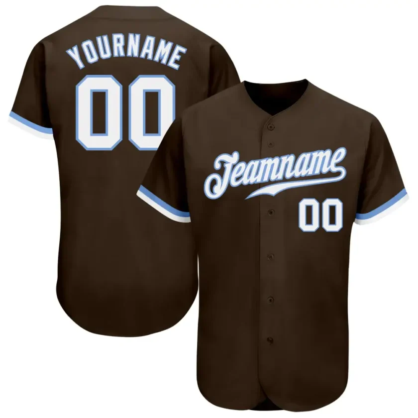 Custom Brown Baseball Jersey with White Light Blue