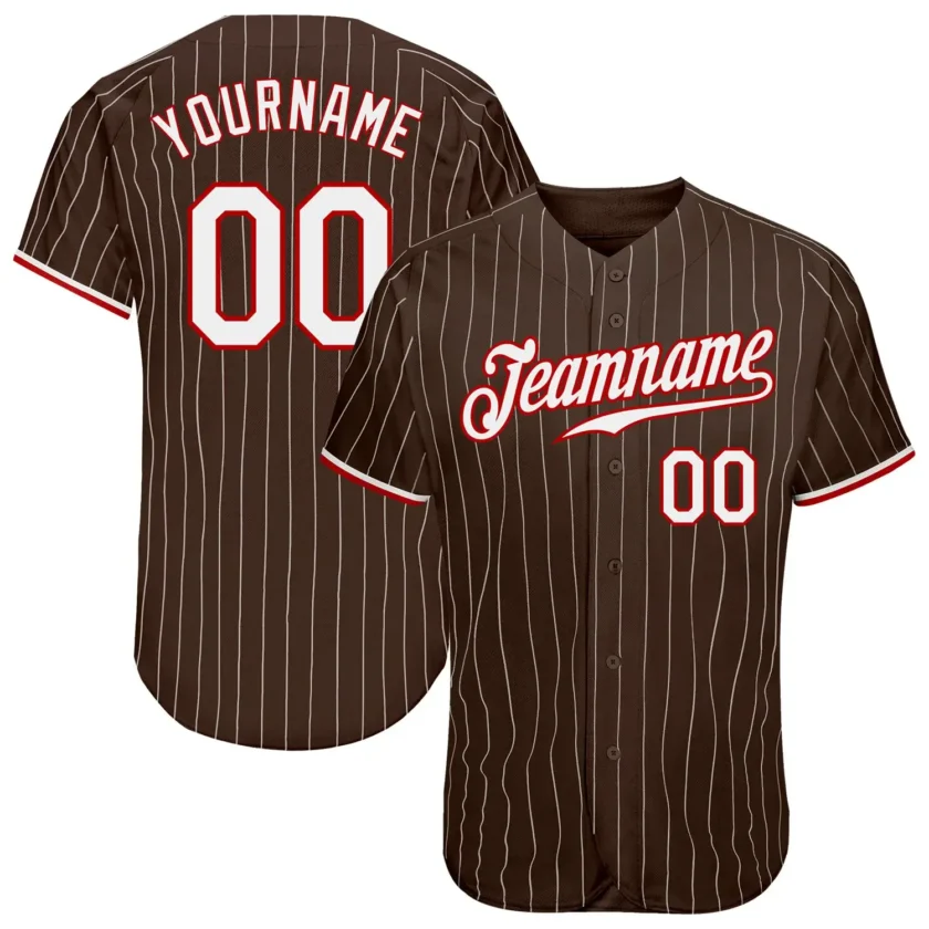 Custom Brown Pinstripe Baseball Jersey with White Red