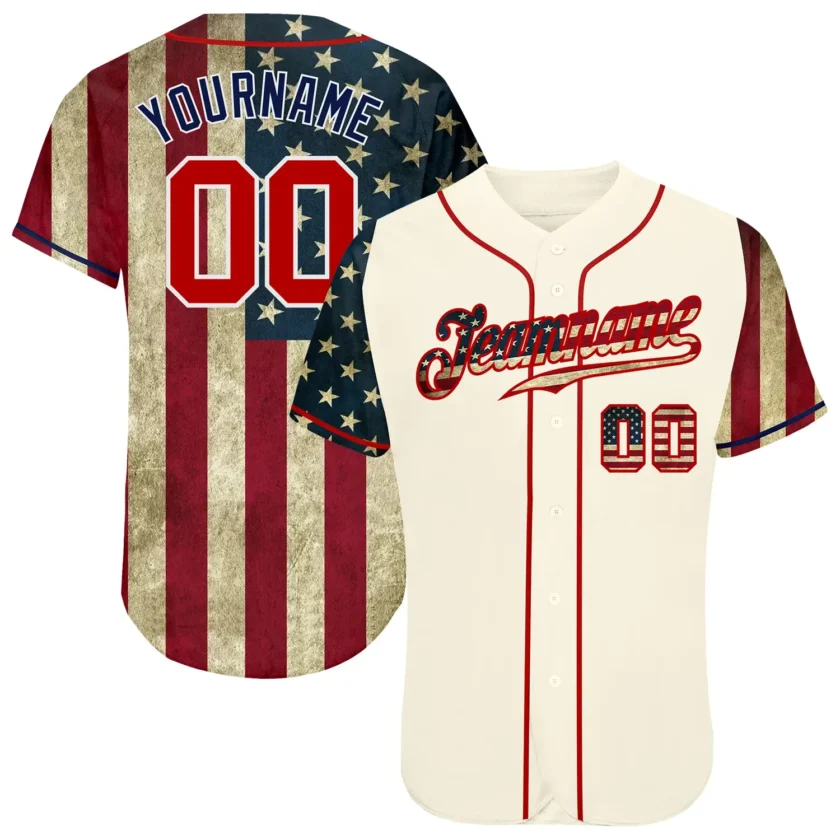 Custom Cream 3D USA Flag Baseball Jersey with Red Navy