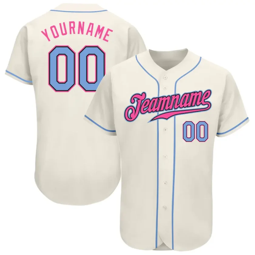 Custom Cream Baseball Jersey with Light Blue Black Pink