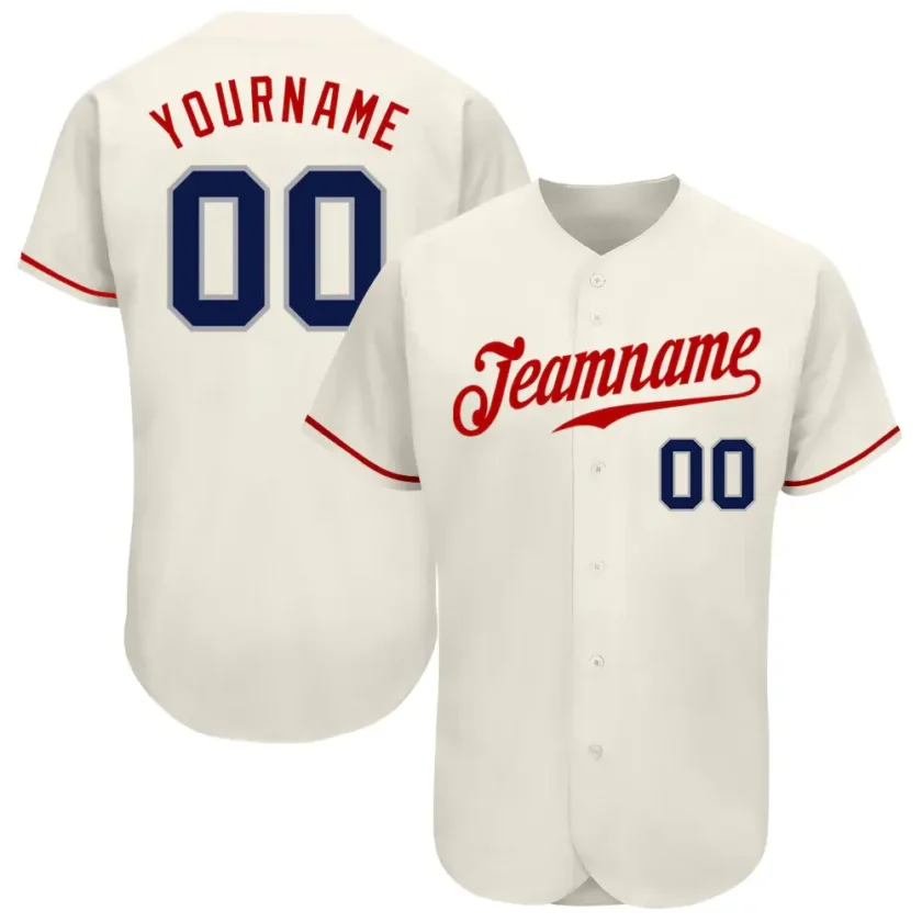 Custom Cream Baseball Jersey with Navy Red 3