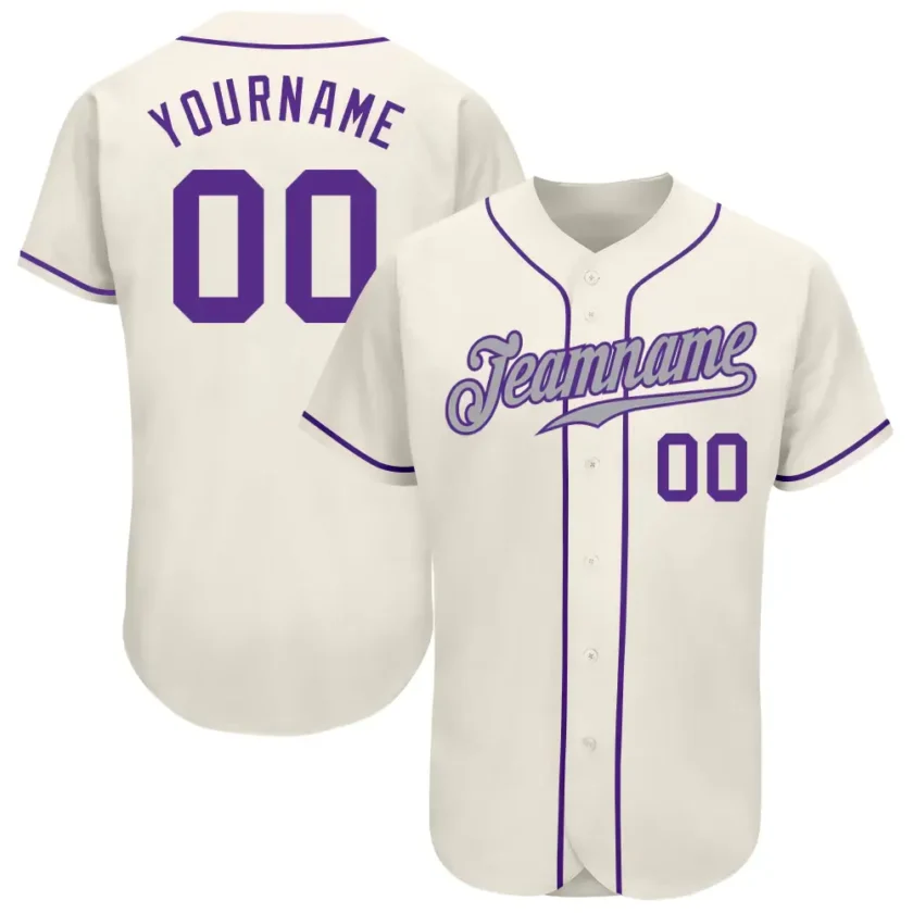 Custom Cream Baseball Jersey with Purple Gray
