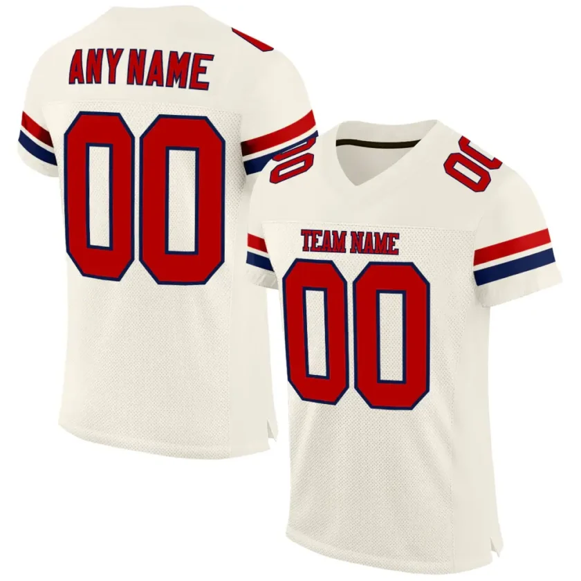 Custom Cream Mesh Football Jersey with Red Navy 2 Stripes