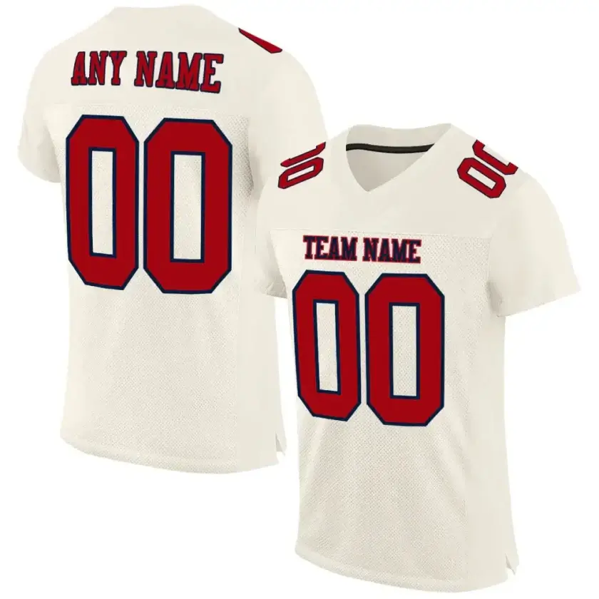 Custom Cream Mesh Football Jersey with Red-Navy