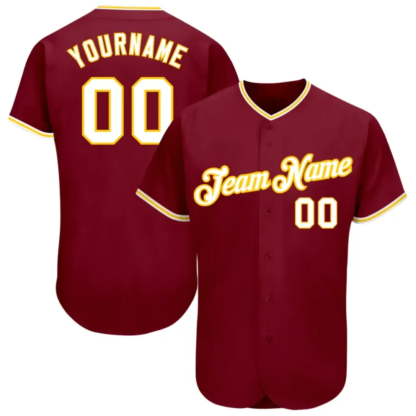 Custom Crimson Baseball Jersey with White Gold