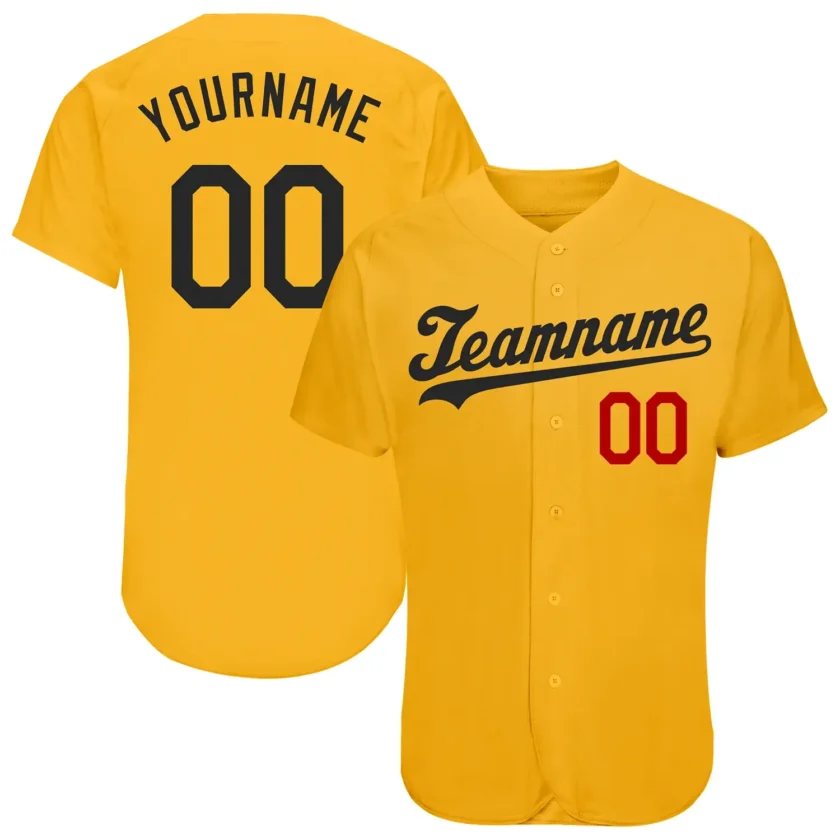 Custom Gold Baseball Jersey with Black Red