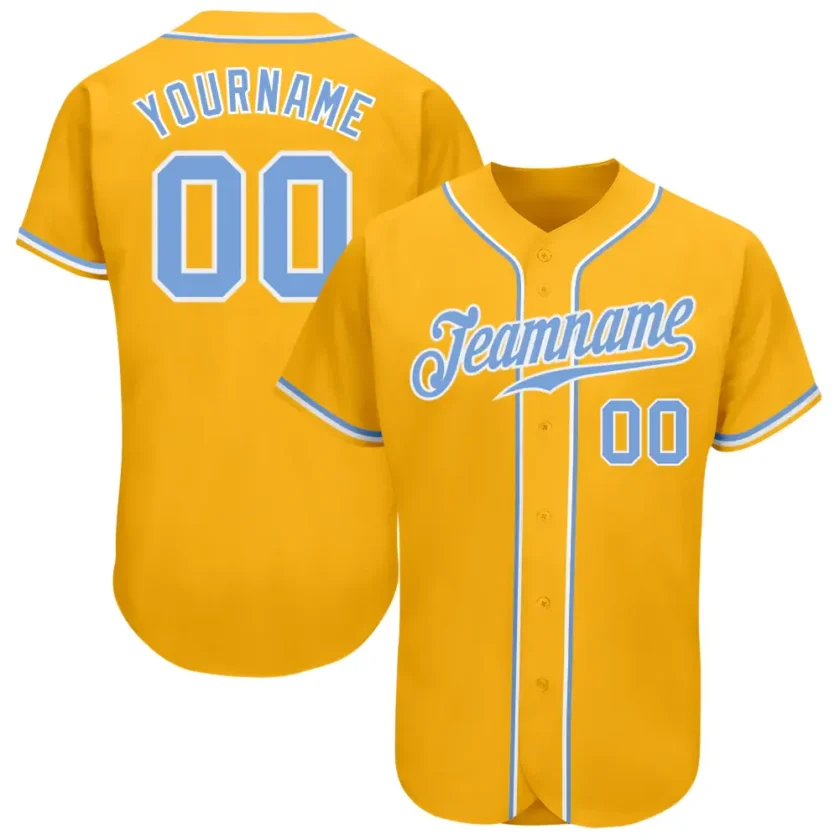 Custom Gold Baseball Jersey with Light Blue White 3