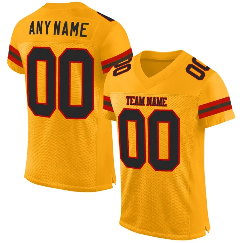 Custom Gold Mesh Football Jersey with Black Red