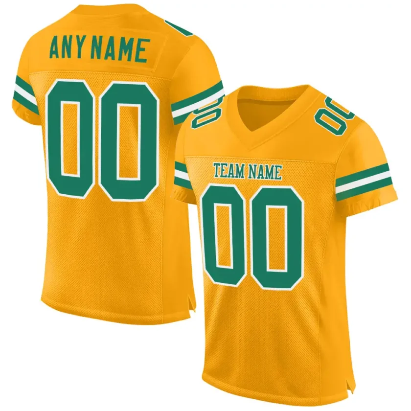 Custom Gold Mesh Football Jersey with Kelly Green White