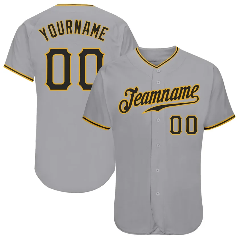 Custom Gray Baseball Jersey with Black Gold 3