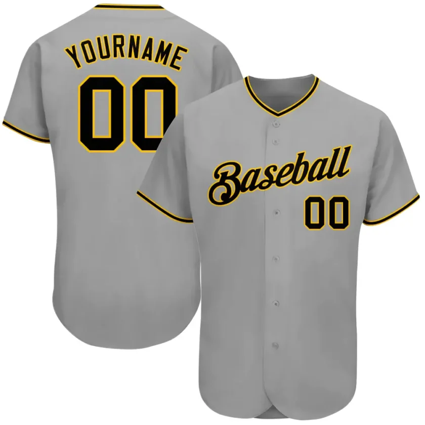 Custom Gray Baseball Jersey with Black Gold 4