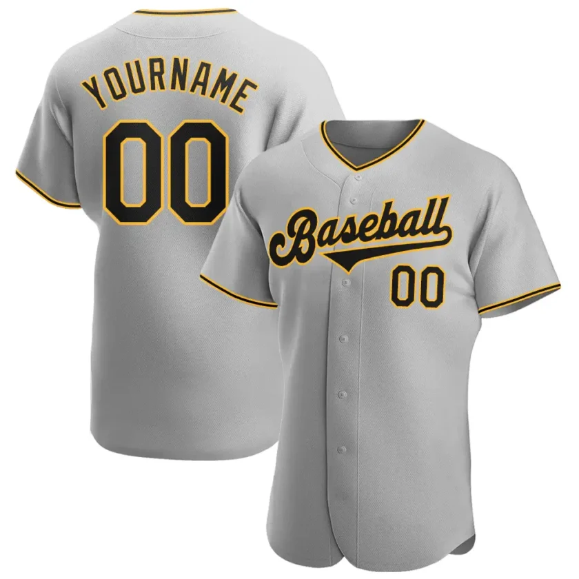 Custom Gray Baseball Jersey with Black Gold